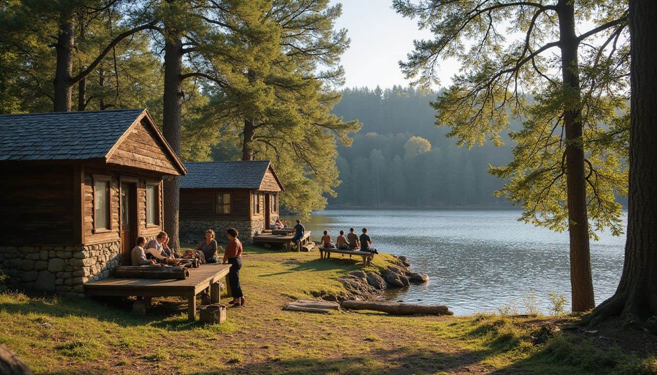A serene nature retreat features rustic cabins and a tranquil lake, where people gather, fostering a supportive environment for addiction treatment. A serene nature retreat features rustic cabins and a tranquil lake, where people gather, fostering a supportive environment for addiction treatment.