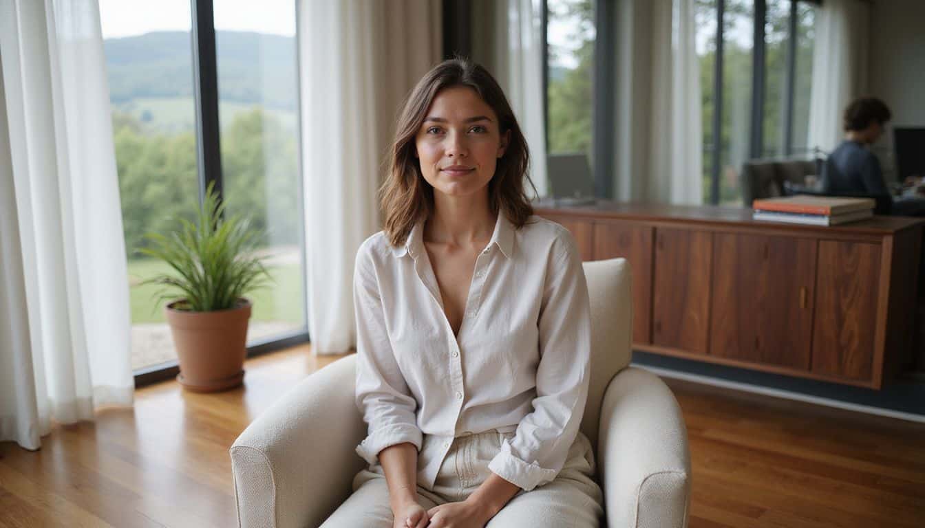 A woman in her 30s sits calmly in a cozy therapy room, dressed in a relaxed blouse and trousers. A woman in her 30s sits calmly in a cozy therapy room, dressed in a relaxed blouse and trousers.