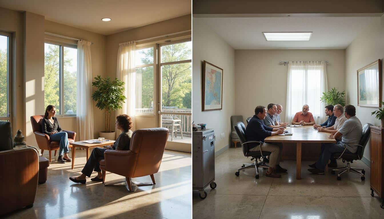 The image contrasts a modern rehab center's serene ambiance with a traditional facility's worn and uninviting atmosphere. The image contrasts a modern rehab center's serene ambiance with a traditional facility's worn and uninviting atmosphere.