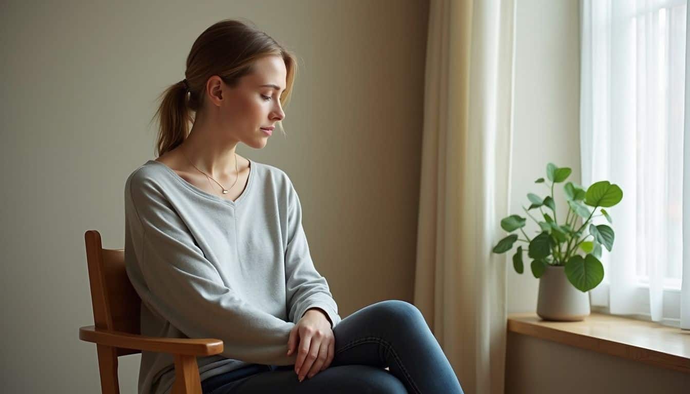 A woman in her 30s sits thoughtfully in a rehab facility, dressed casually in a gray sweater and jeans. A woman in her 30s sits thoughtfully in a rehab facility, dressed casually in a gray sweater and jeans.