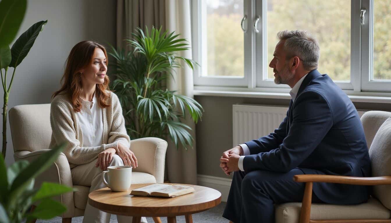 A woman engages in a thoughtful counseling session with a focused therapist in a serene, luxury rehab center. A woman engages in a thoughtful counseling session with a focused therapist in a serene, luxury rehab center.
