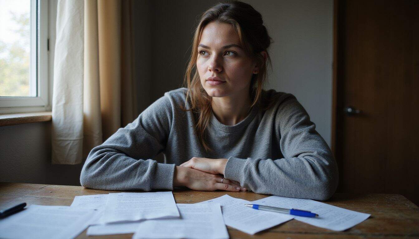 A woman in a gray sweater sits at a wooden desk, thoughtfully reviewing her rehabilitation goals amidst scattered notes. A woman in a gray sweater sits at a wooden desk, thoughtfully reviewing her rehabilitation goals amidst scattered notes.