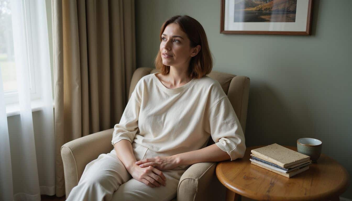 A woman in her late 30s sits thoughtfully in a serene rehab room, surrounded by recovery journals and a warm atmosphere. A woman in her late 30s sits thoughtfully in a serene rehab room, surrounded by recovery journals and a warm atmosphere.