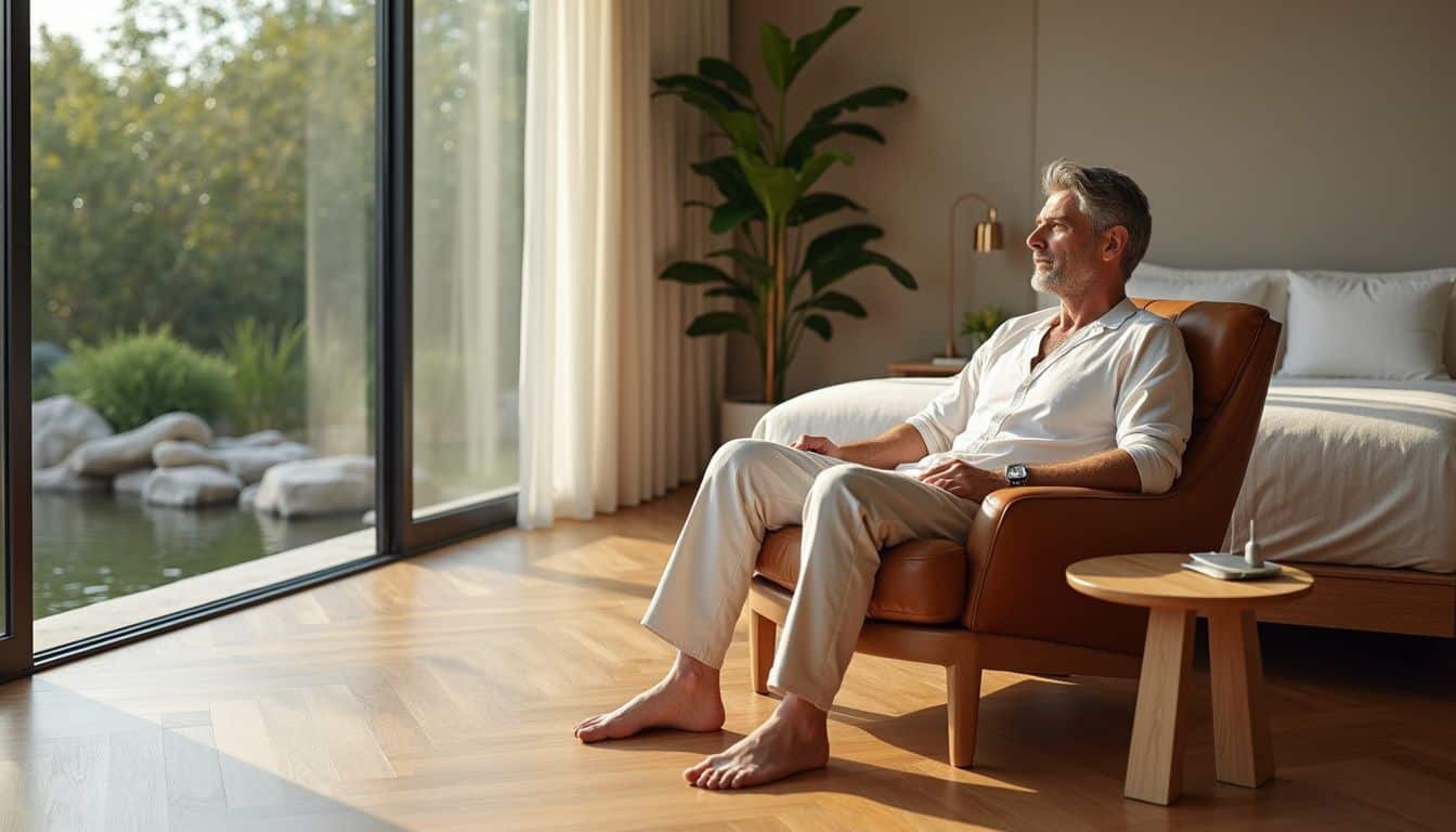 A serene luxury rehab facility features minimalist design, private suites, and a contemplative man in a leather armchair. A serene luxury rehab facility features minimalist design, private suites, and a contemplative man in a leather armchair.