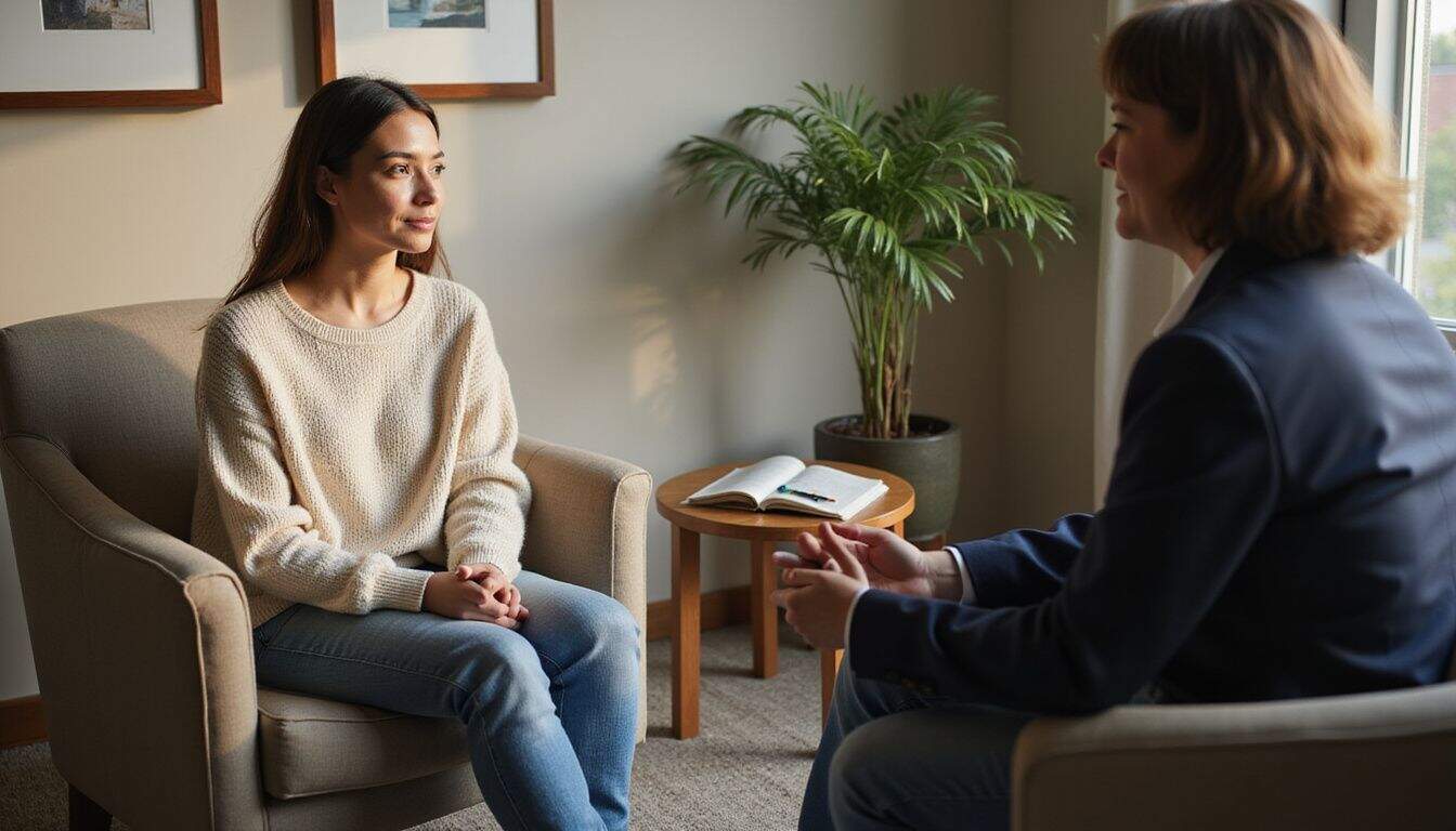 A woman sits in a counseling session with an attentive psychologist in a cozy, minimalist room. A woman sits in a counseling session with an attentive psychologist in a cozy, minimalist room.