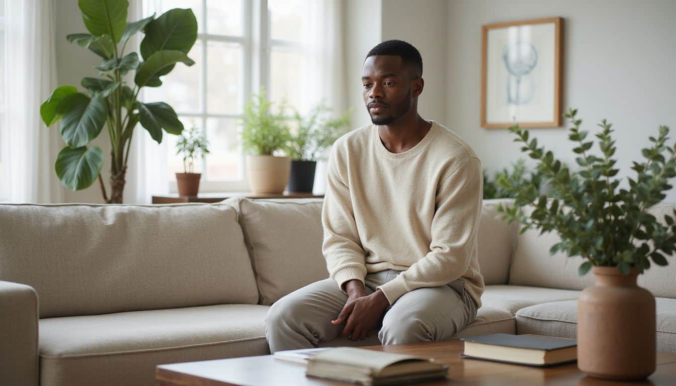 A serene individual sits on a stylish sofa in an elegant, calming living space filled with greenery and natural decor. A serene individual sits on a stylish sofa in an elegant, calming living space filled with greenery and natural decor.