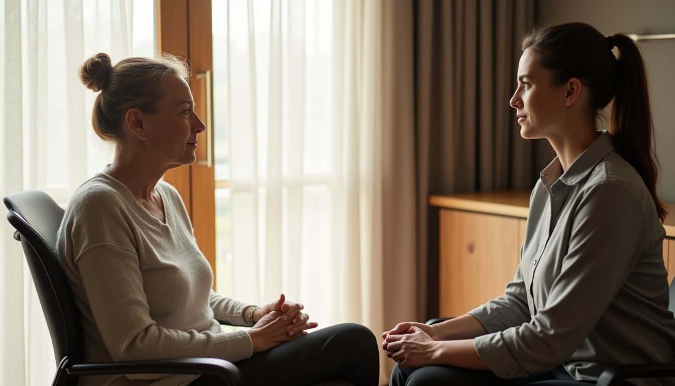 A patient engages in a compassionate consultation with a therapist in a serene and upscale rehabilitation facility. A patient engages in a compassionate consultation with a therapist in a serene and upscale rehabilitation facility.