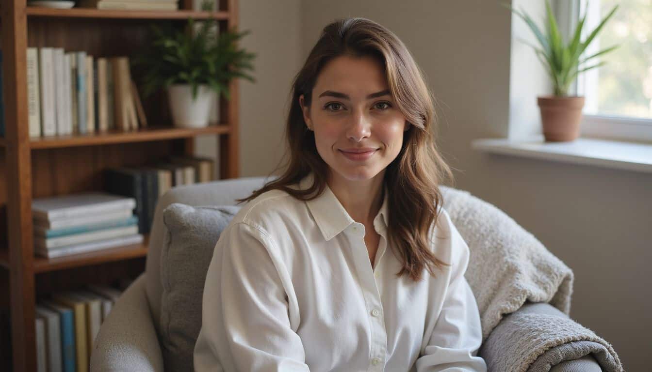 A woman in her mid-30s smiles warmly in a cozy therapist's office during a session. A woman in her mid-30s smiles warmly in a cozy therapist's office during a session.