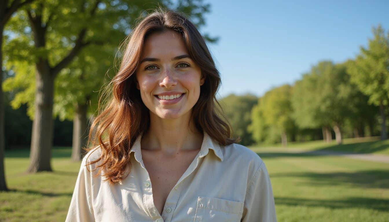 A woman in a light blouse stands smiling in a sunlit park surrounded by vibrant trees and grass. A woman in a light blouse stands smiling in a sunlit park surrounded by vibrant trees and grass.