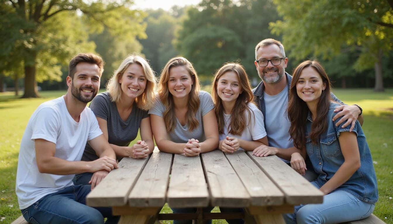 A joyful, multi-generational group of friends gathers around a rustic picnic table in a sunny park. A joyful, multi-generational group of friends gathers around a rustic picnic table in a sunny park.