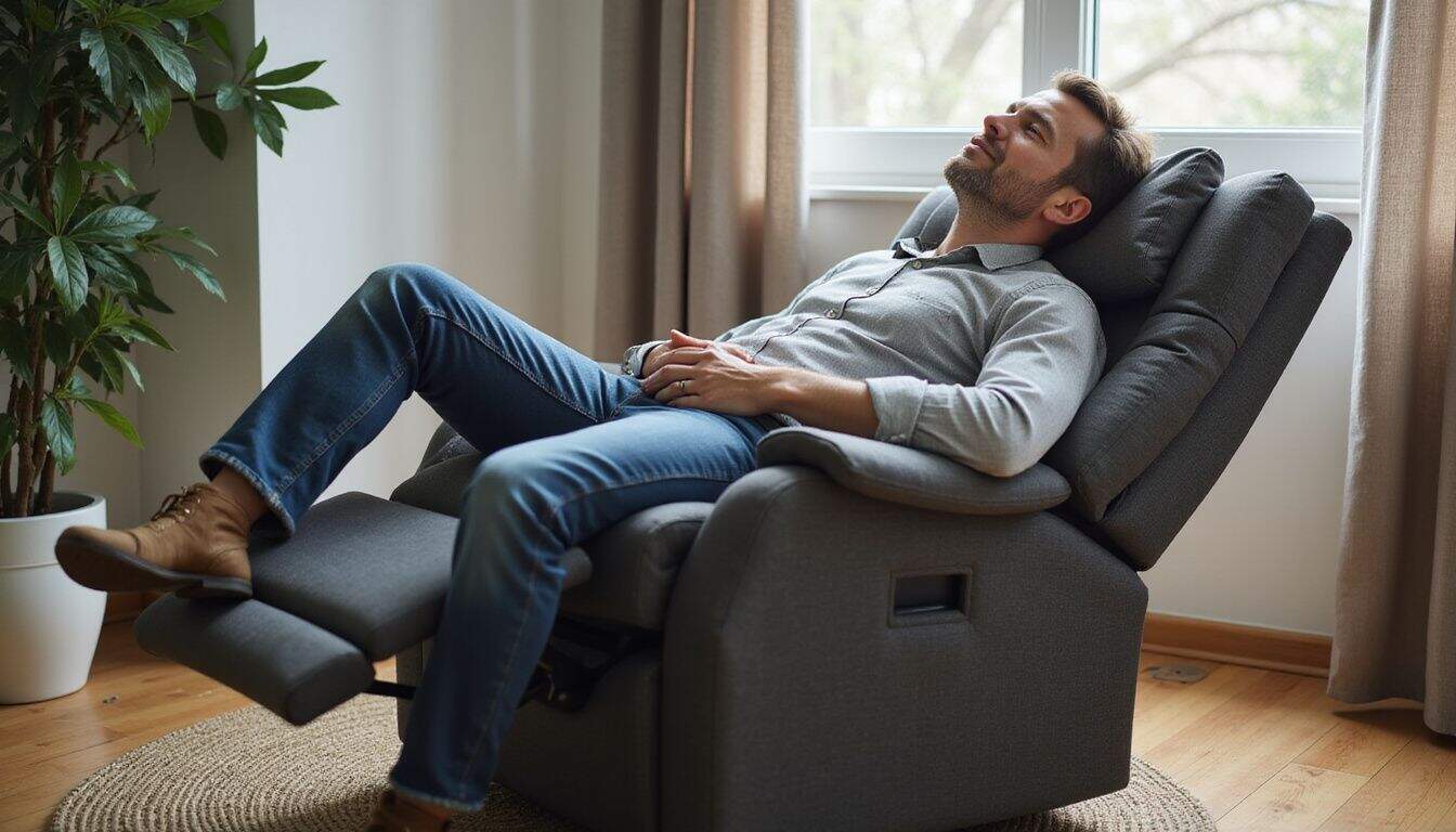 A relaxed middle-aged man sits comfortably in a plush ergonomic recliner, surrounded by a cozy living room setting.