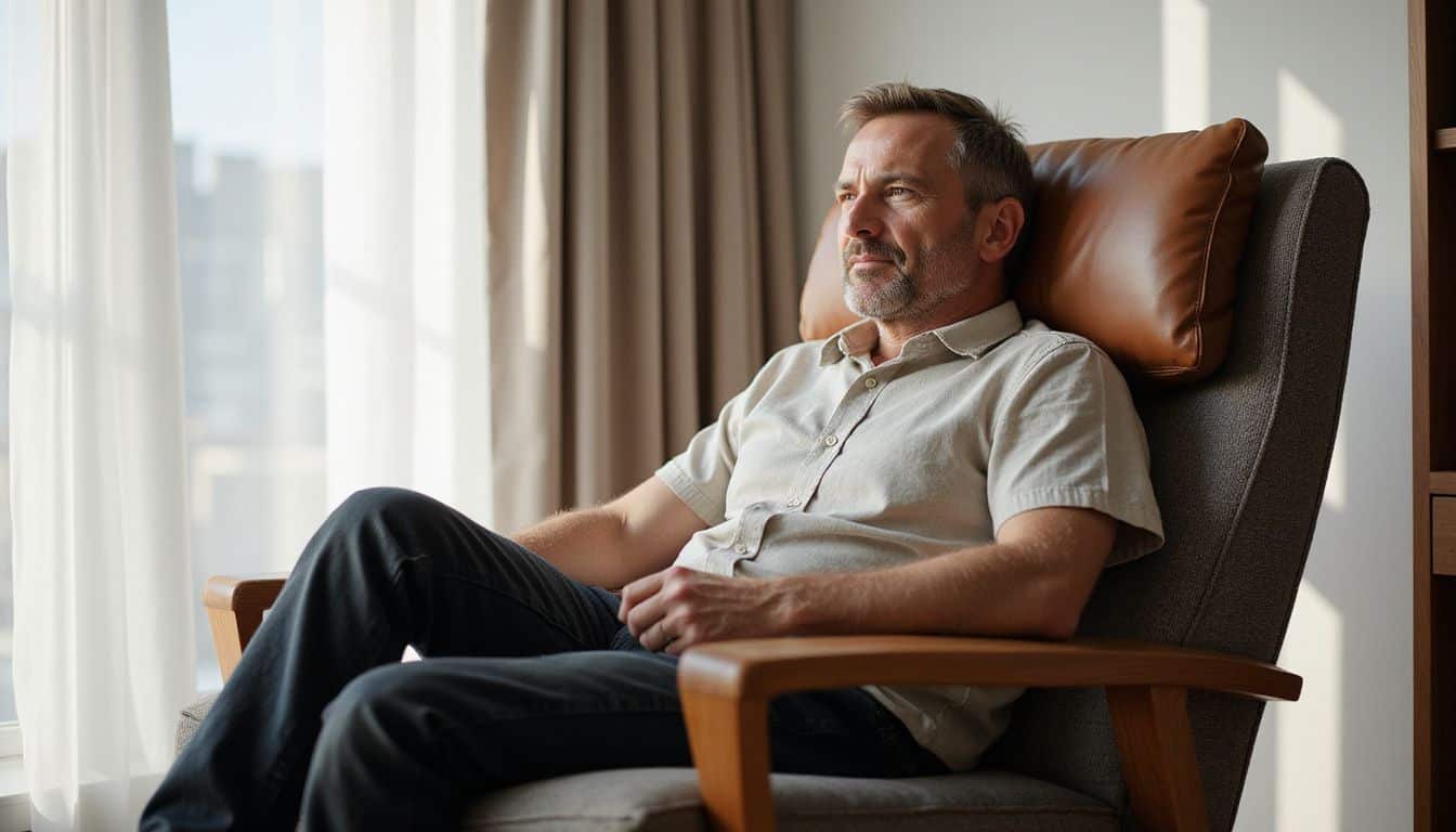 A middle-aged man relaxes in a stylish recliner, exuding comfort in a minimalist living space.