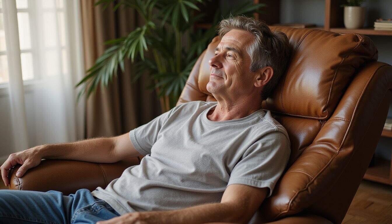A middle-aged man relaxes in a well-worn leather recliner in a cozy living room filled with books and plants.