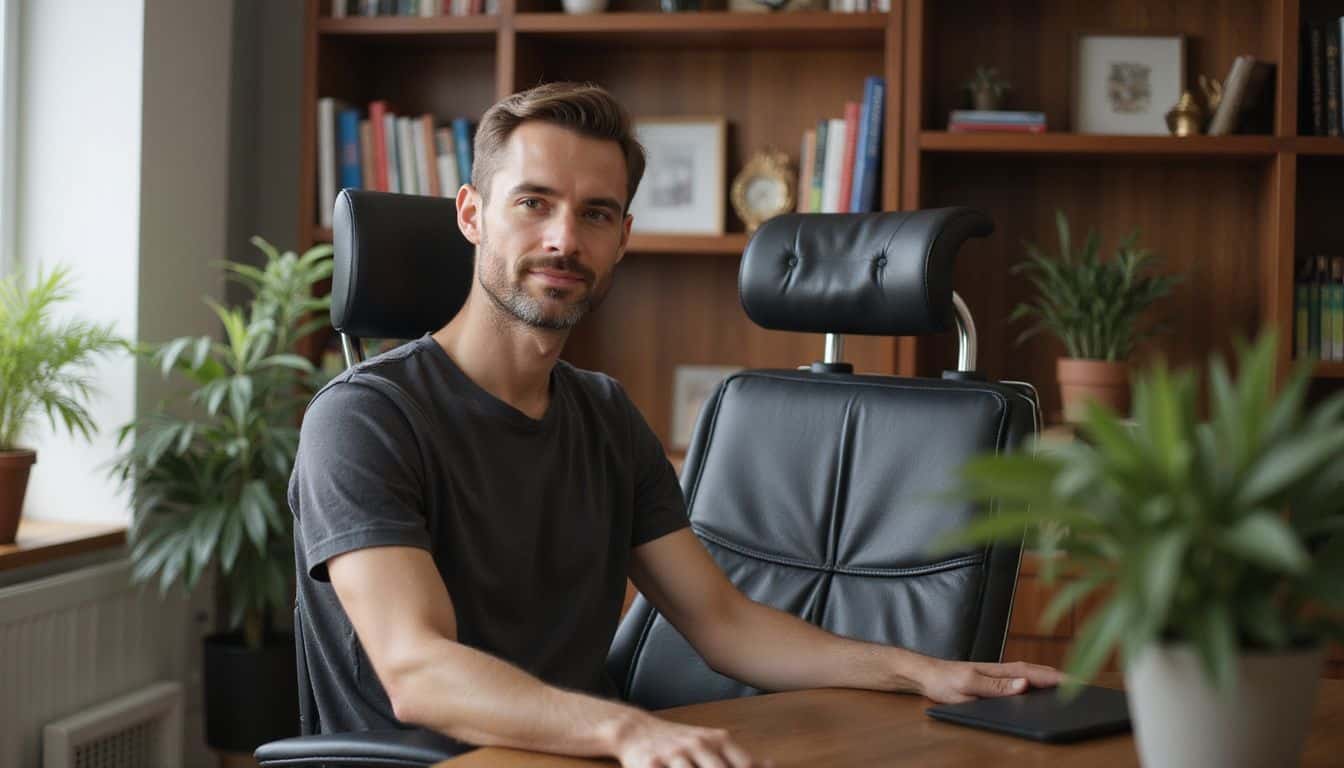 A modern office chair complements a relaxed man in a cozy home office filled with books and plants.