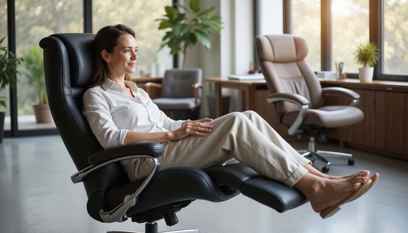 A relaxed middle-aged woman sits in a sleek zero gravity recliner within a modern, inviting workspace.