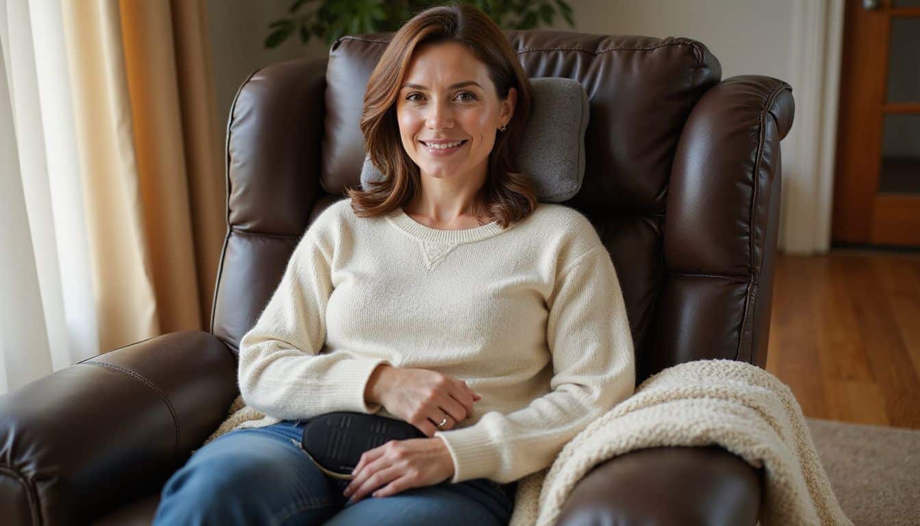 A woman in a cream sweater relaxes in a recliner, surrounded by cozy furnishings and a warm atmosphere.