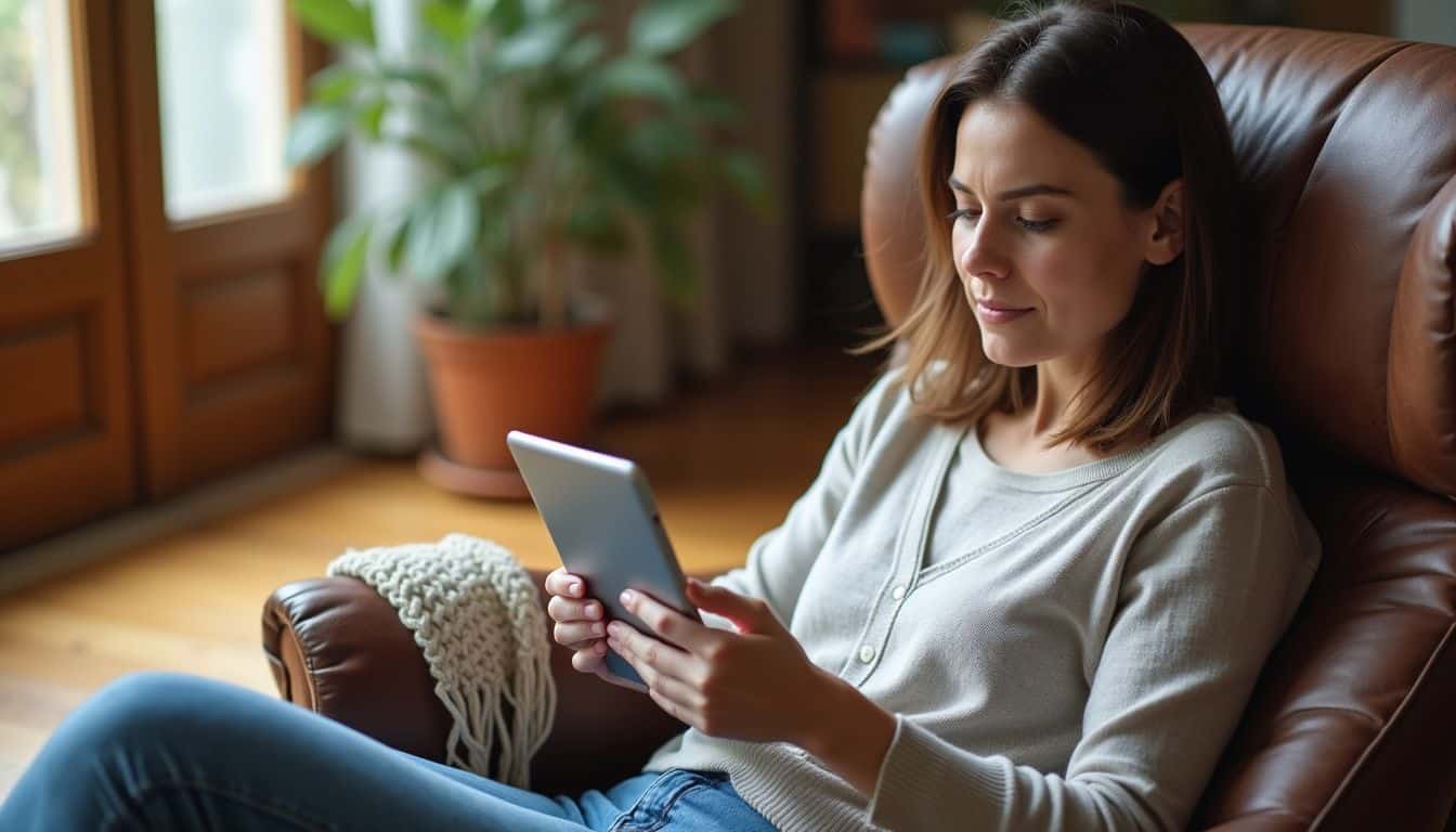 A middle-aged woman relaxes in a leather recliner, focused on her tablet with a casual, introspective demeanor.