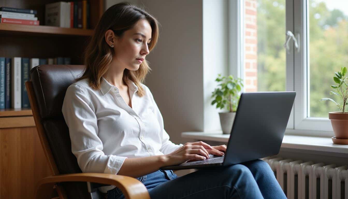 A woman in her mid-30s sits focused on a laptop in a stylish home office, adjusting her ergonomic chair.