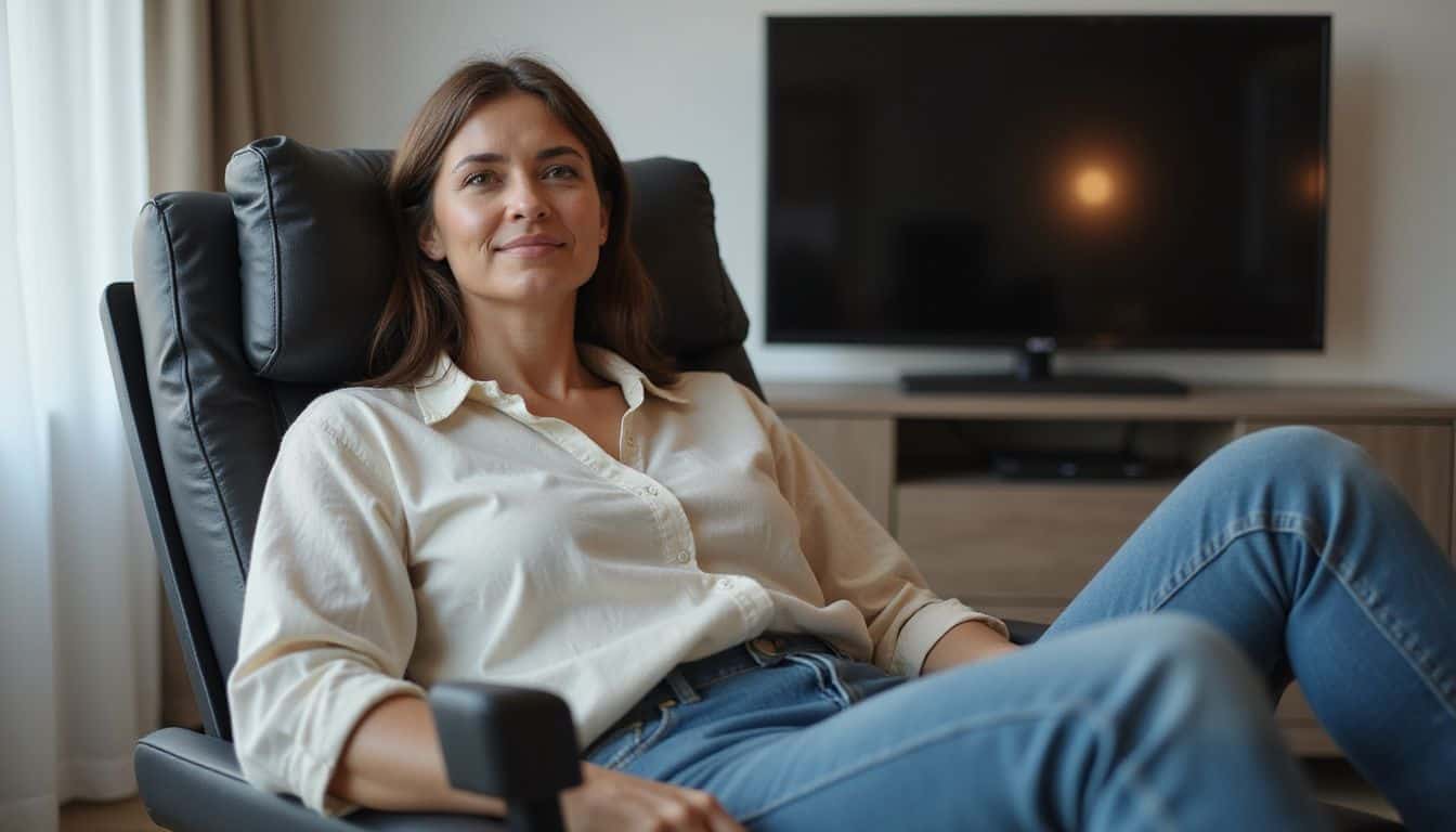 A woman relaxes in a stylish zero gravity chair, watching TV in a cozy, contemporary living room.
