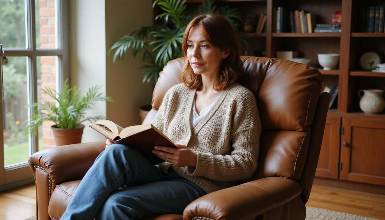 A woman in her 40s relaxes in a recliner, reading a paperback novel in a cozy living room.