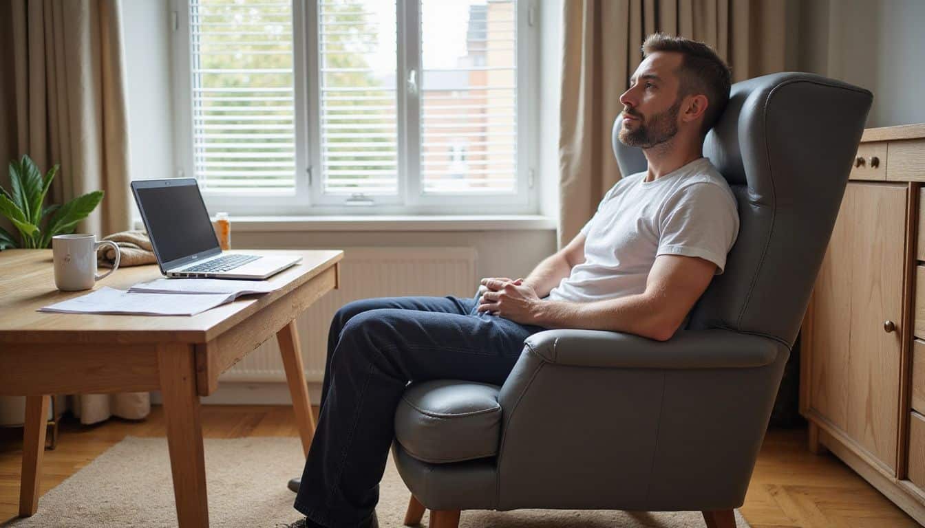 A modern charcoal-gray recliner complements a well-organized home office, showcasing ergonomic design and everyday comfort.