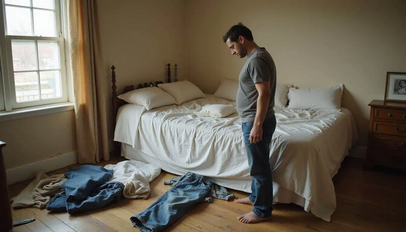 A cluttered, unmade bedroom reflects emotional distance, as a tense individual stands amidst scattered clothes and fading decor. A cluttered, unmade bedroom reflects emotional distance, as a tense individual stands amidst scattered clothes and fading decor.