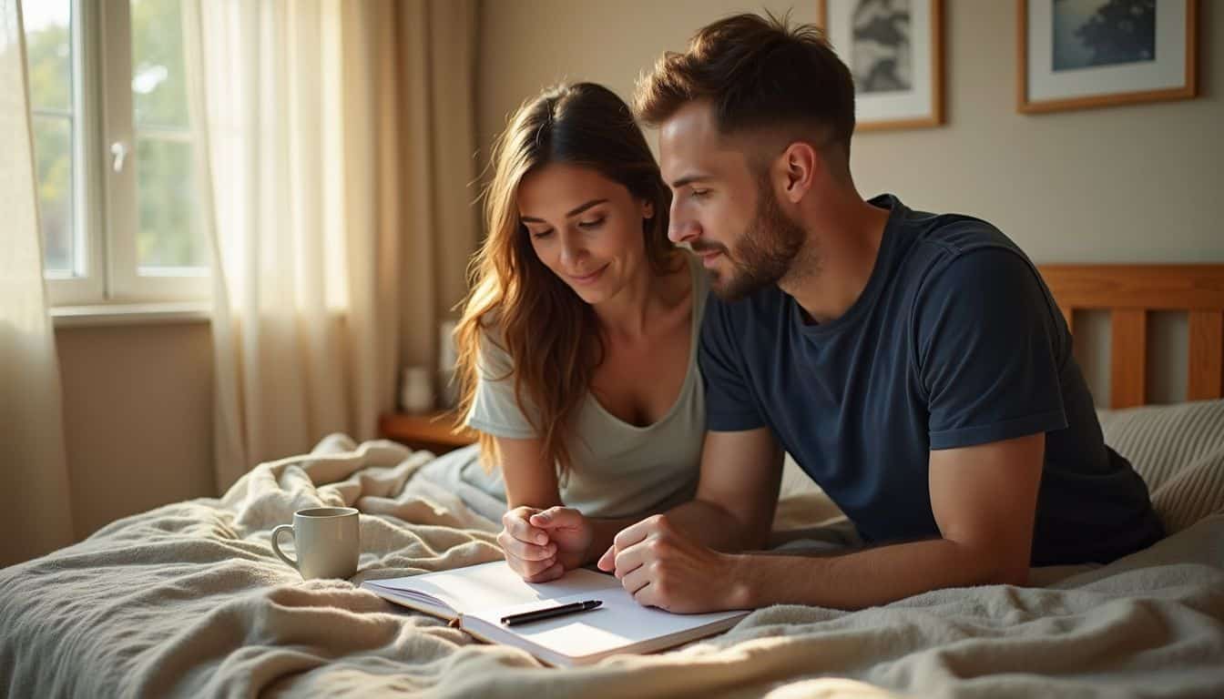 A couple engaged in thoughtful conversation, exploring their relationship while seated on a cozy queen-sized bed. A couple engaged in thoughtful conversation, exploring their relationship while seated on a cozy queen-sized bed.