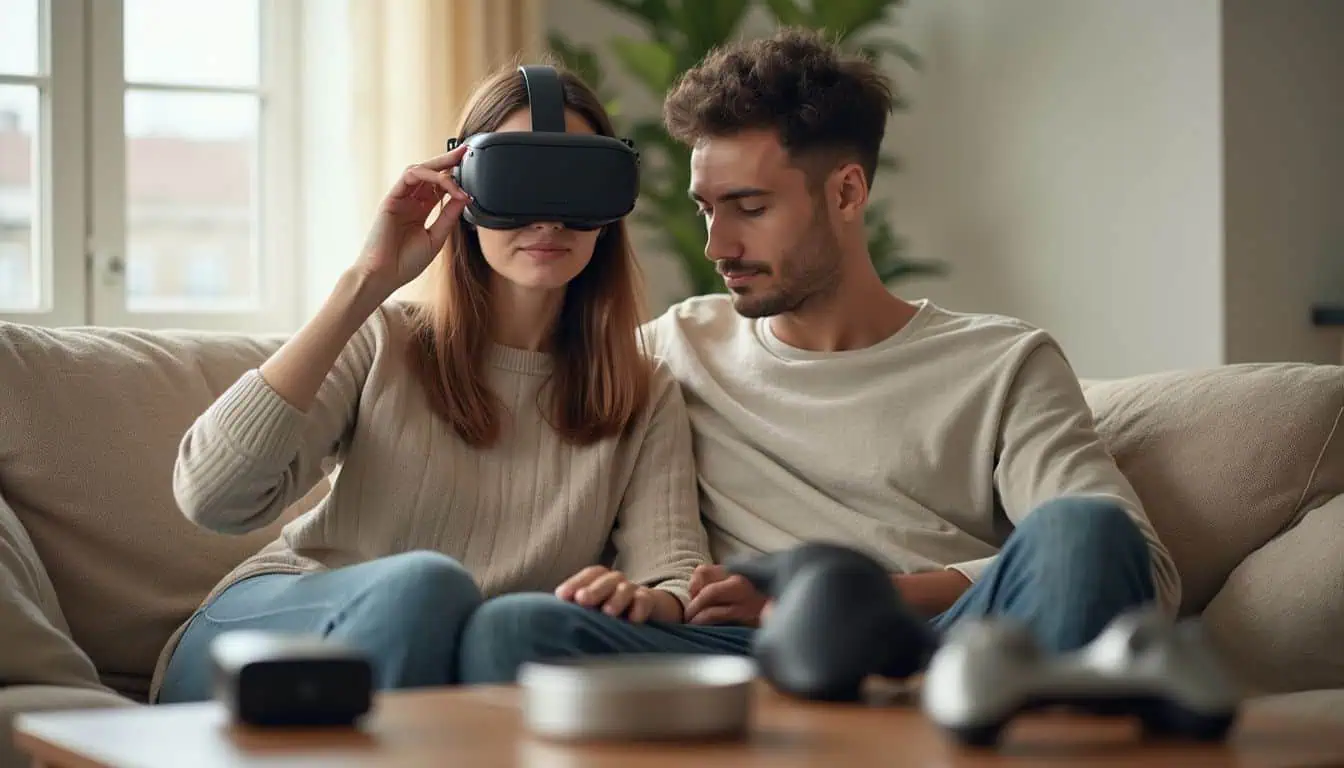A couple shares a virtual reality headset in a cozy living room, surrounded by advanced electronic devices. A couple shares a virtual reality headset in a cozy living room, surrounded by advanced electronic devices.