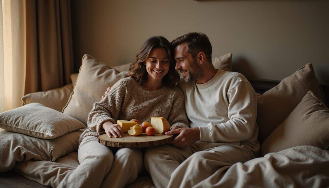 A middle-aged couple shares a warm, intimate moment together on a cozy arrangement of blankets and pillows. A middle-aged couple shares a warm, intimate moment together on a cozy arrangement of blankets and pillows.