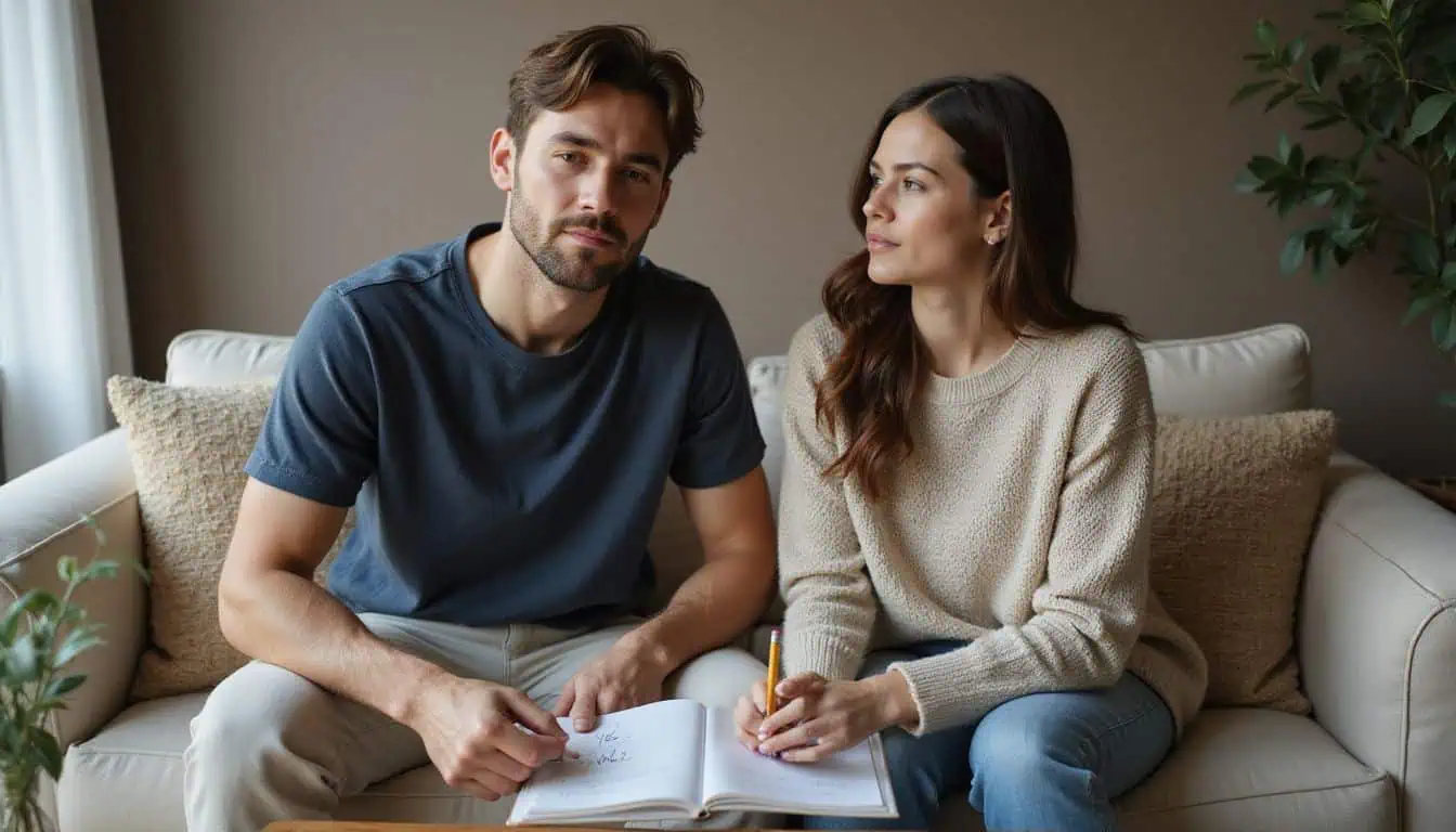 A man and woman engage thoughtfully over a 'Yes/No/Maybe' list on a cozy couch. A man and woman engage thoughtfully over a 'Yes/No/Maybe' list on a cozy couch.
