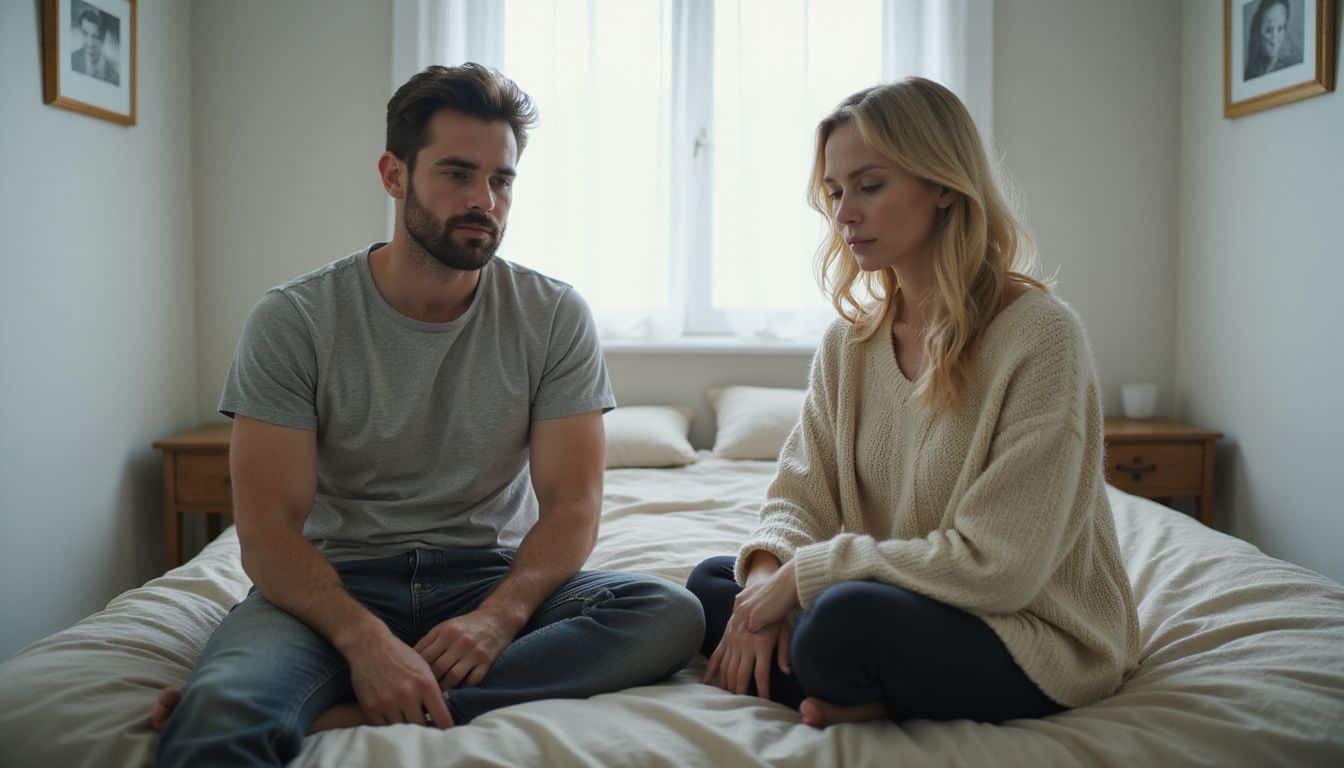 A man and woman sit apart on a bed, sharing a moment of quiet tension and emotional distance. A man and woman sit apart on a bed, sharing a moment of quiet tension and emotional distance.