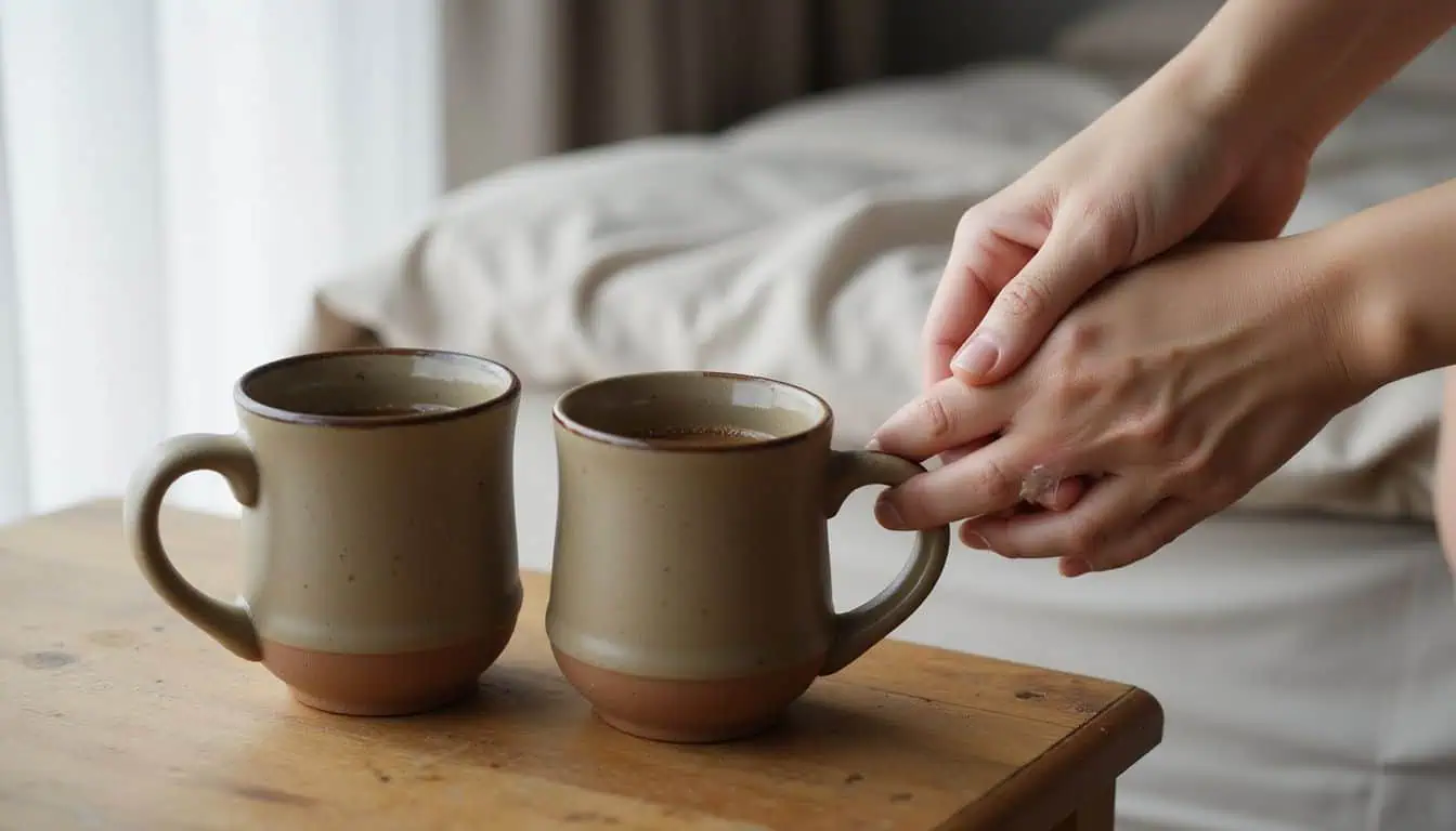 A cozy bedroom scene features two earthenware mugs and intertwined hands, suggesting intimacy and warmth. A cozy bedroom scene features two earthenware mugs and intertwined hands, suggesting intimacy and warmth.