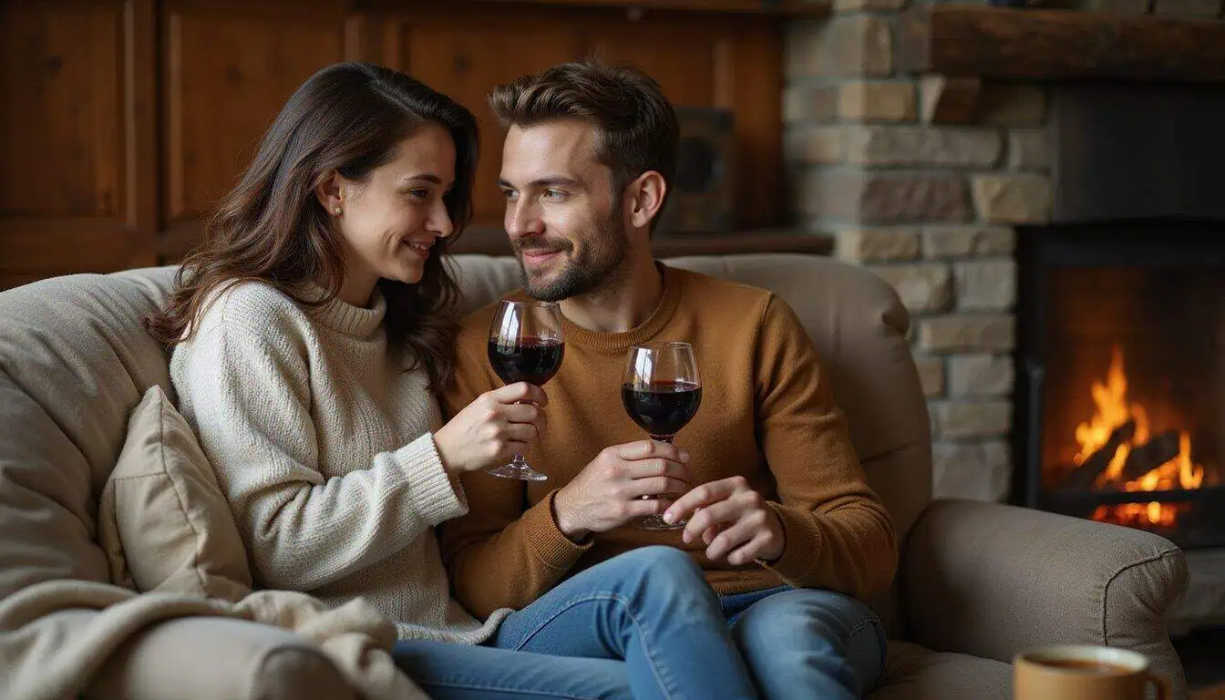 A couple enjoys a cozy moment together on a couch, sipping wine by a warm fireplace. A couple enjoys a cozy moment together on a couch, sipping wine by a warm fireplace.