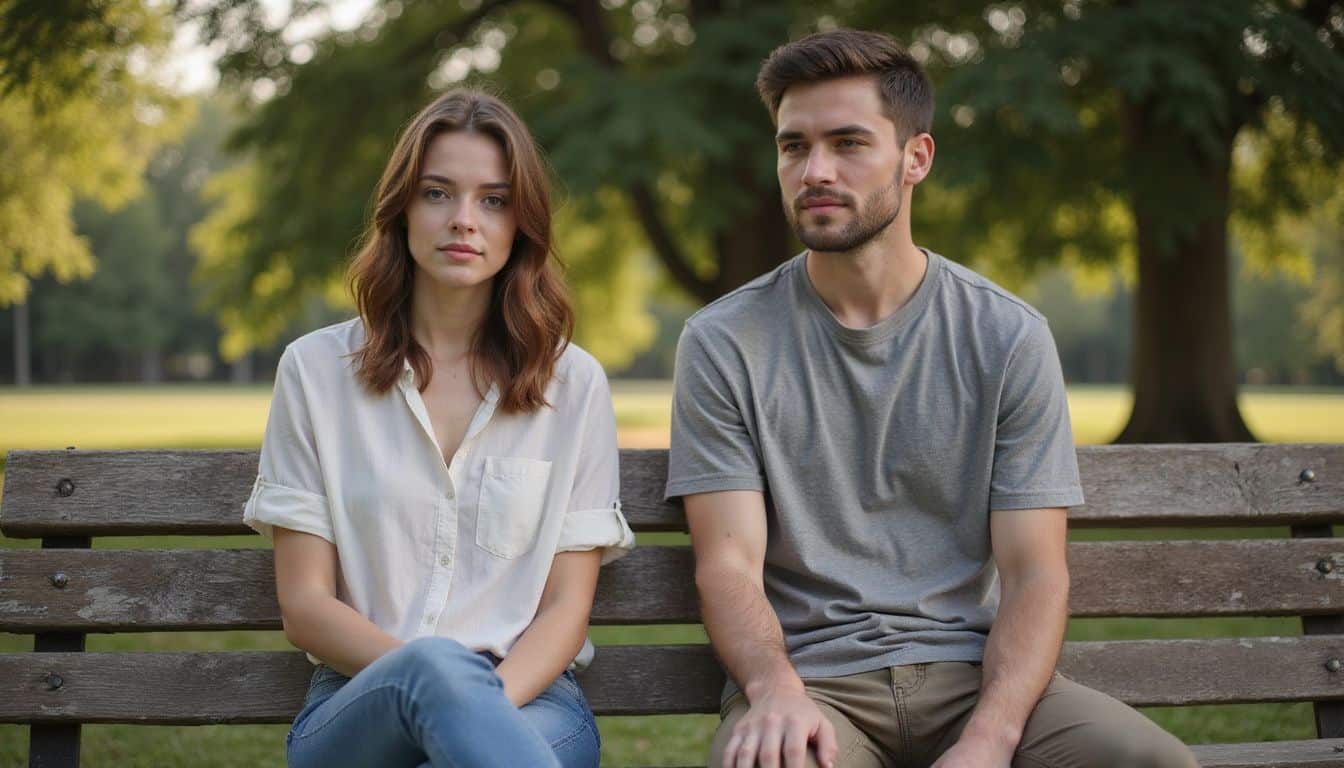 A young woman and man sit casually on a park bench, sharing a moment of quiet connection and understanding. A young woman and man sit casually on a park bench, sharing a moment of quiet connection and understanding.
