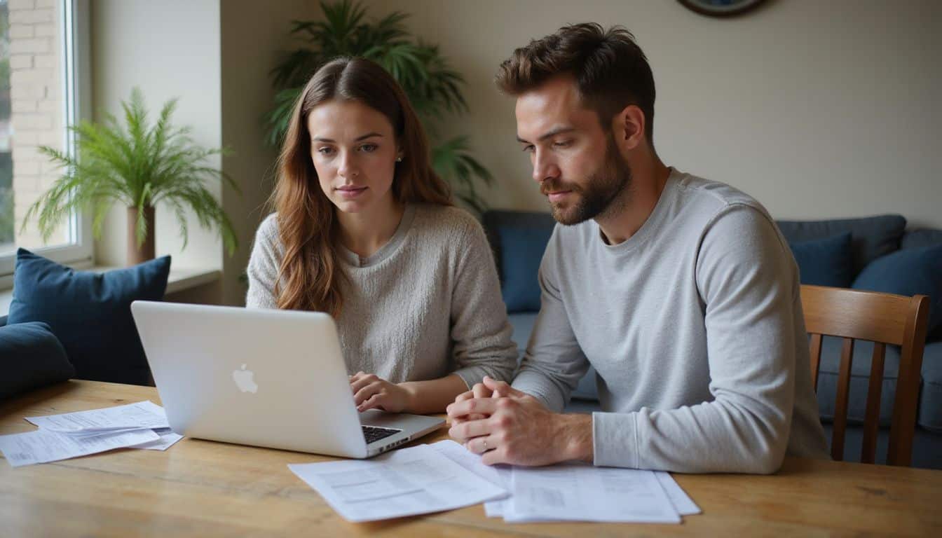A woman and man engage in a focused financial discussion at a cozy wooden dining table, surrounded by homey decor. A woman and man engage in a focused financial discussion at a cozy wooden dining table, surrounded by homey decor.