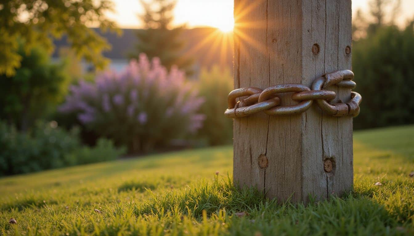 A weathered wooden fence post with a galvanized chain stands in a tranquil garden surrounded by grass and blurred foliage. A weathered wooden fence post with a galvanized chain stands in a tranquil garden surrounded by grass and blurred foliage.