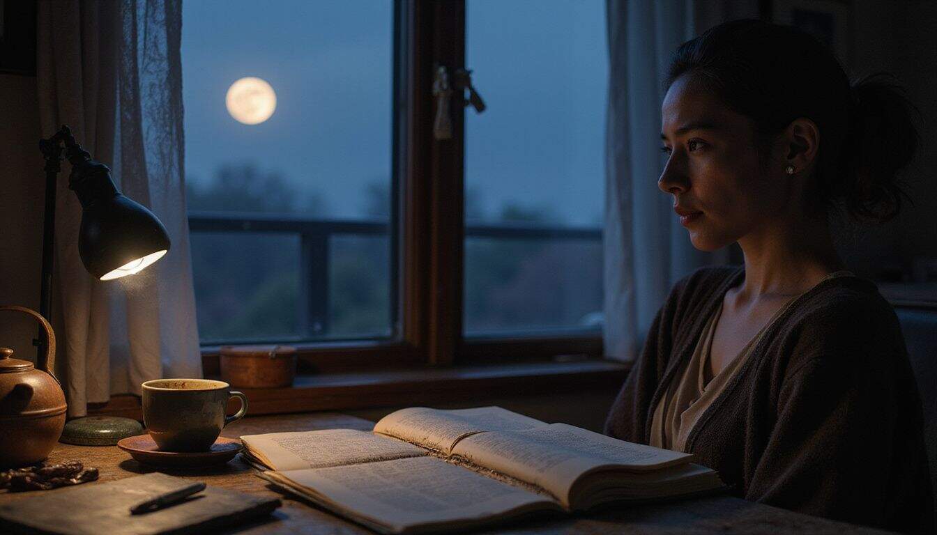 A person sits quietly in a cozy, cluttered room, reflecting beside a desk with a journal and steaming tea. A person sits quietly in a cozy, cluttered room, reflecting beside a desk with a journal and steaming tea.