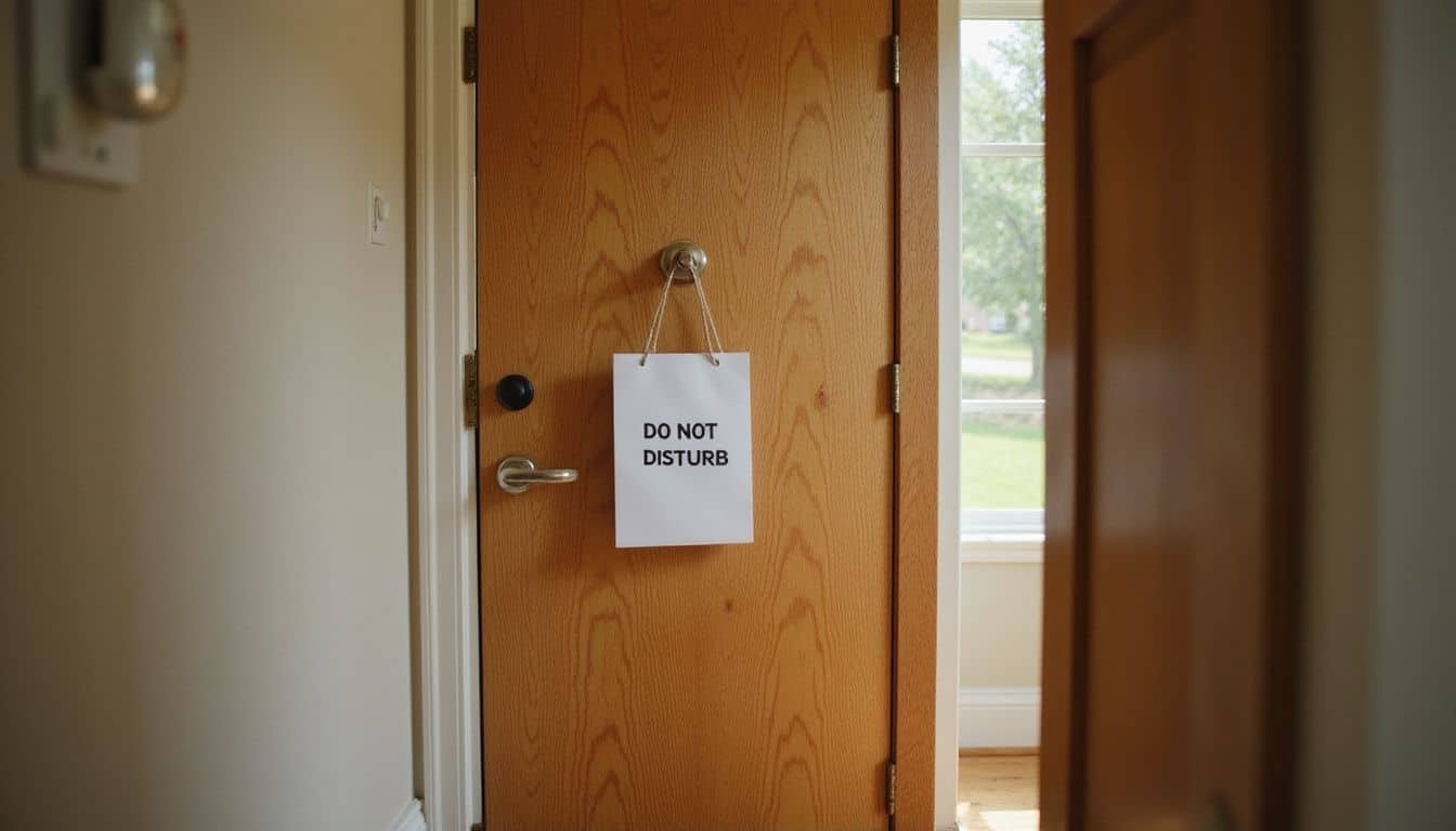The image depicts a cozy hallway featuring a closed oak door with a 'Do Not Disturb' sign hanging from the handle. The image depicts a cozy hallway featuring a closed oak door with a 'Do Not Disturb' sign hanging from the handle.