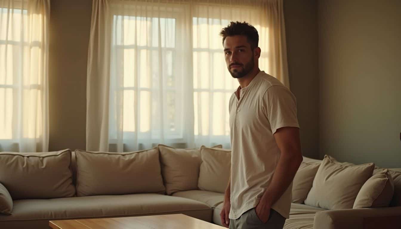 A calm man in a wrinkled shirt engages attentively in conversation in a cozy living room. A calm man in a wrinkled shirt engages attentively in conversation in a cozy living room.