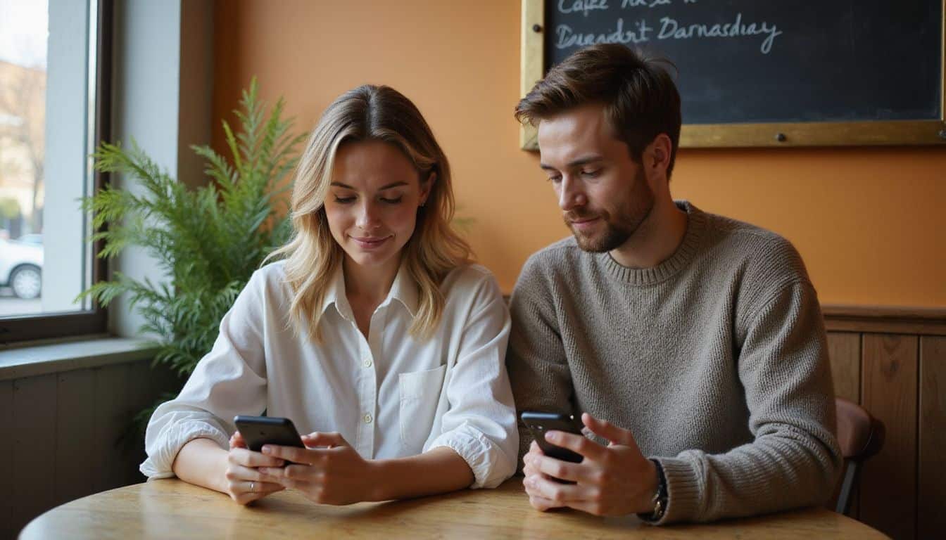 A couple sits closely at a café table, each engrossed in their smartphones while enjoying a cozy ambiance. A couple sits closely at a café table, each engrossed in their smartphones while enjoying a cozy ambiance.