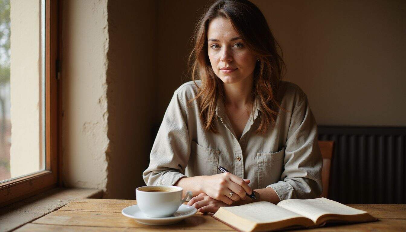 A woman sits thoughtfully at a table, surrounded by a journal, pen, and a steaming cup of coffee. A woman sits thoughtfully at a table, surrounded by a journal, pen, and a steaming cup of coffee.
