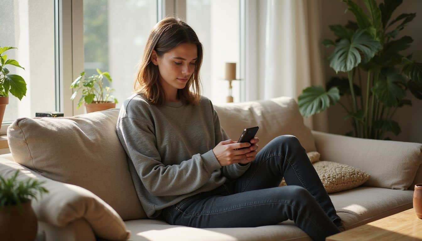 A woman in a gray sweatshirt sits on a sofa, focused on her smartphone in a cozy living room. A woman in a gray sweatshirt sits on a sofa, focused on her smartphone in a cozy living room.