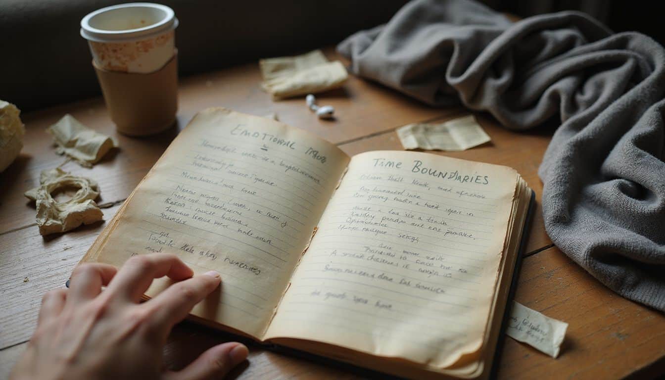 An open, weathered notebook on a cluttered desk contains handwritten notes on emotional, financial, and time boundaries. An open, weathered notebook on a cluttered desk contains handwritten notes on emotional, financial, and time boundaries.