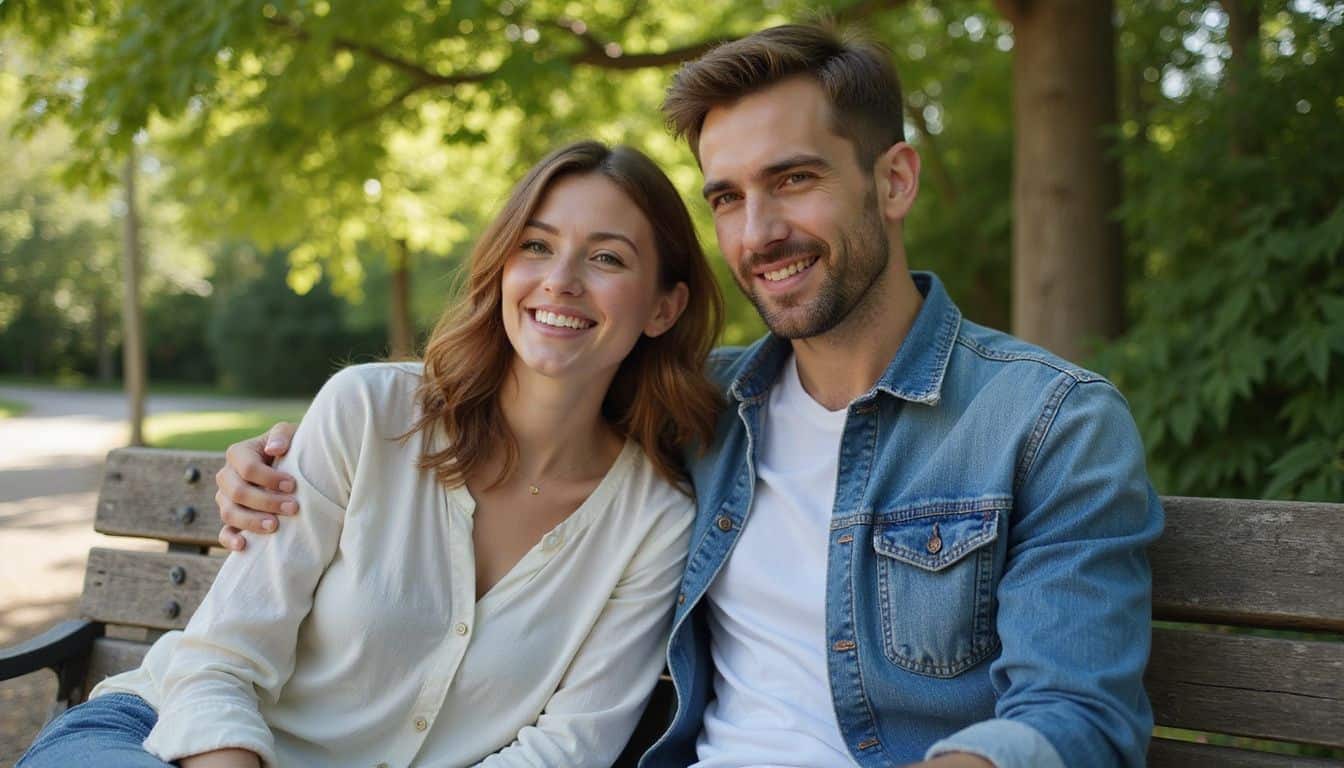 A young woman and man share a warm, genuine laugh while seated on a weathered park bench in nature. A young woman and man share a warm, genuine laugh while seated on a weathered park bench in nature.