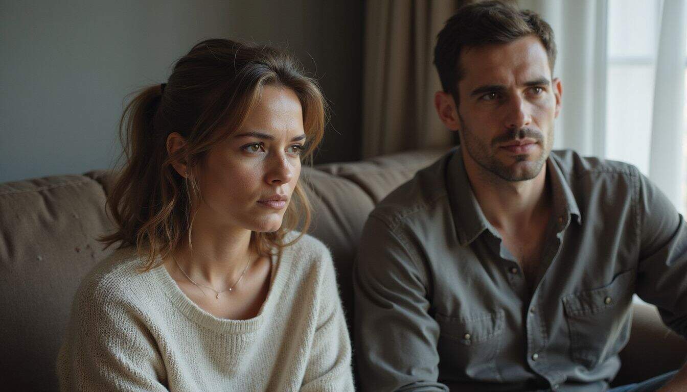 A distressed woman and an aloof man sit on a worn couch, highlighting emotional tension and distance between them. A distressed woman and an aloof man sit on a worn couch, highlighting emotional tension and distance between them.