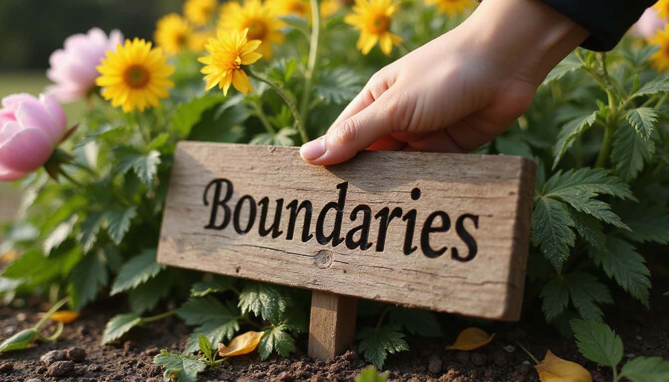 A weathered wooden sign reading 'Boundaries' is nestled in a vibrant garden filled with blooming flowers and rich soil. A weathered wooden sign reading 'Boundaries' is nestled in a vibrant garden filled with blooming flowers and rich soil.