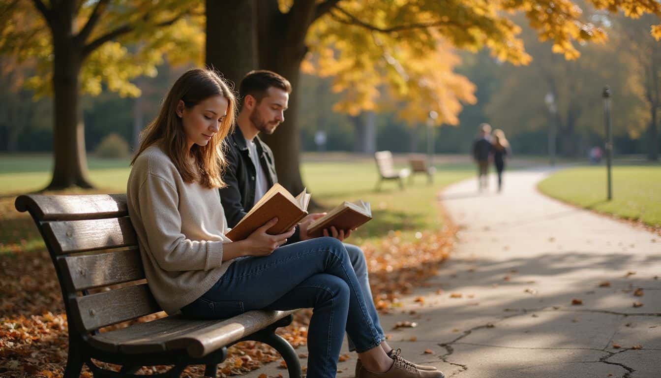 A young couple sits on a park bench, enjoying reading books in a tranquil, natural setting. A young couple sits on a park bench, enjoying reading books in a tranquil, natural setting.