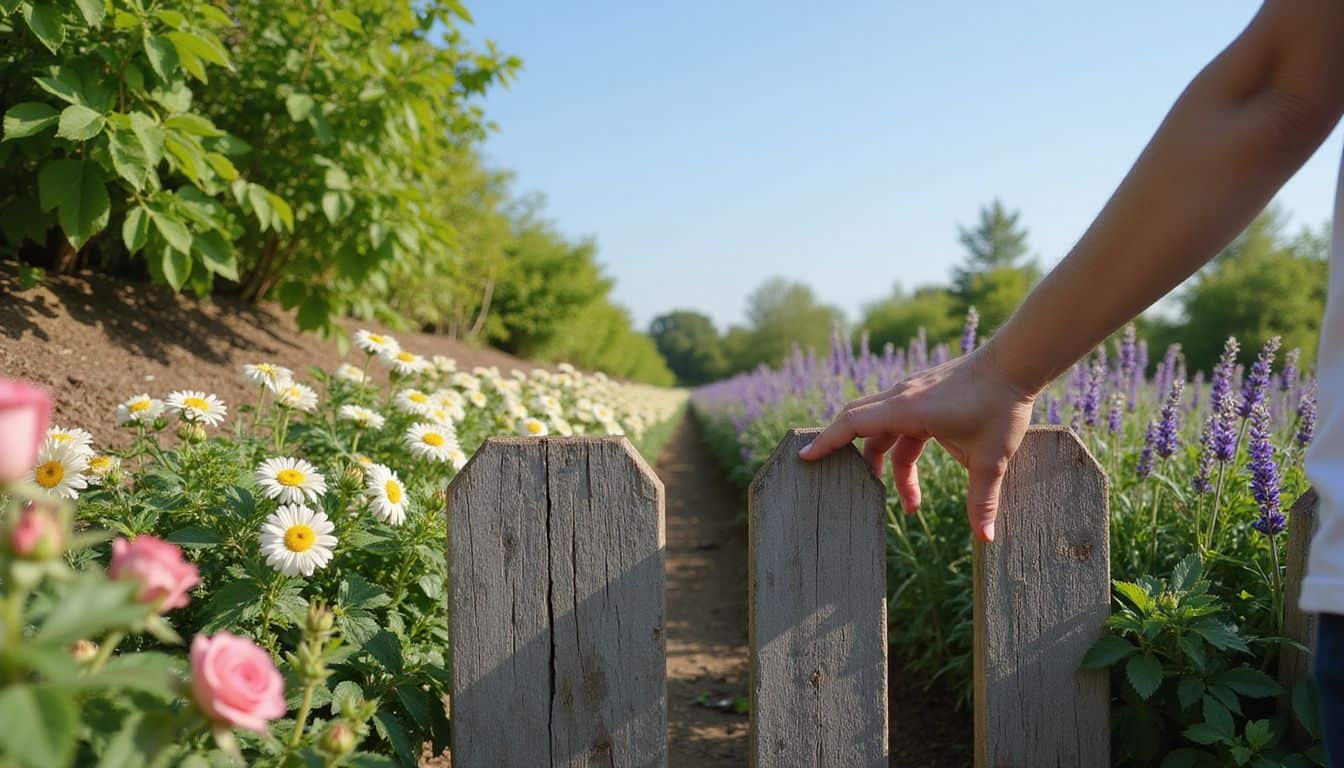 A weathered wooden fence separates two lush gardens filled with vibrant flowers, embodying peaceful boundaries in a serene setting. A weathered wooden fence separates two lush gardens filled with vibrant flowers, embodying peaceful boundaries in a serene setting.