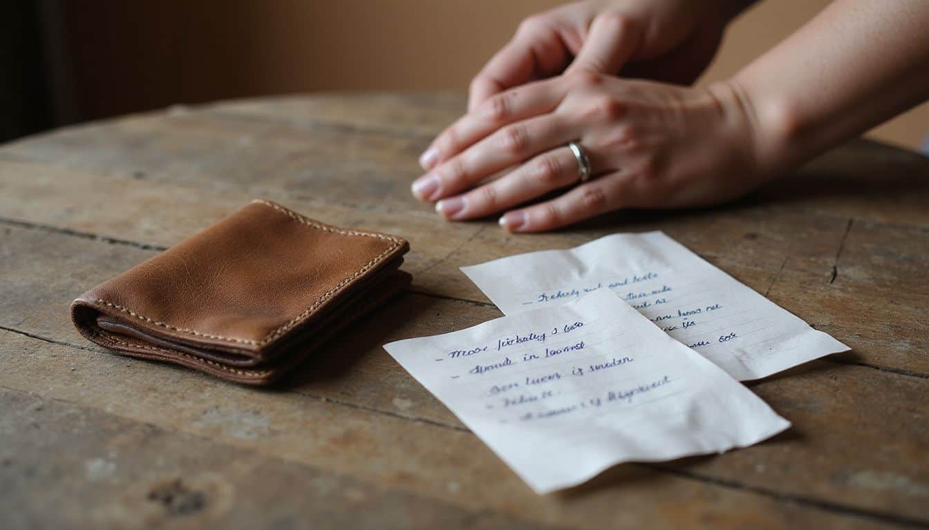 A worn leather wallet and handwritten lists rest on a rustic wooden table, suggesting personal reflection and everyday life. A worn leather wallet and handwritten lists rest on a rustic wooden table, suggesting personal reflection and everyday life.