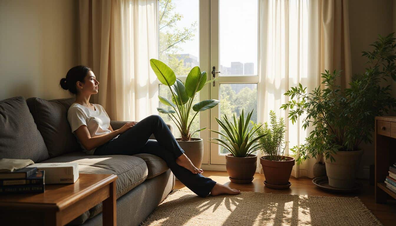 A cozy living room features a gray sofa, wooden side table with books, and an array of potted plants. A cozy living room features a gray sofa, wooden side table with books, and an array of potted plants.